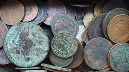 Antique Russian coins covered with patina