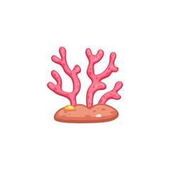 Cute pink coral on piece of sand - cartoon icon isolated on white background.