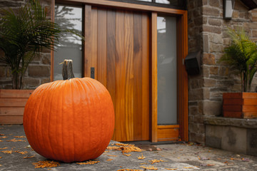 Large pumpkin standing at the front doors outside of the fancy home. Season outdoor decoration for...