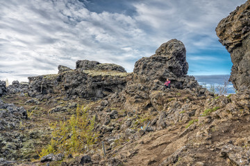 Dimmuborgir, a labyrinth of huge lava monoliths, towers and cavern near lake Myvatn in northern...