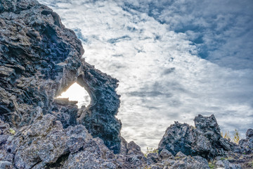 Dimmuborgir, a labyrinth of huge lava monoliths, towers and cavern near lake Myvatn in northern Iceland