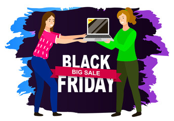 Poster of black Friday and big sale with smiling shopper character holding laptop. Special promotion with women standing with wireless device. Advertising discount in device store, purchase ad vector