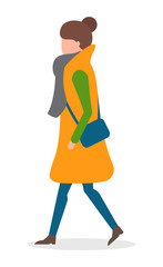 Woman with vector handbag walking on pathway alone. Lady in warm clothes like scarf and overcoat. Brunette strolling in winter or autumn, cold weather illustration. Isolated person on white, side view