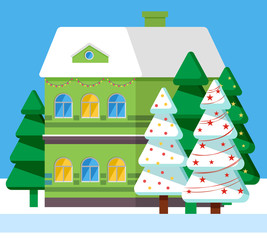 Building construction with fir-tree decorated by garland. Invitation postcard with snowy house and Christmas tree. Winter card with snowflakes and traditional festive tree, frost season outdoor vector