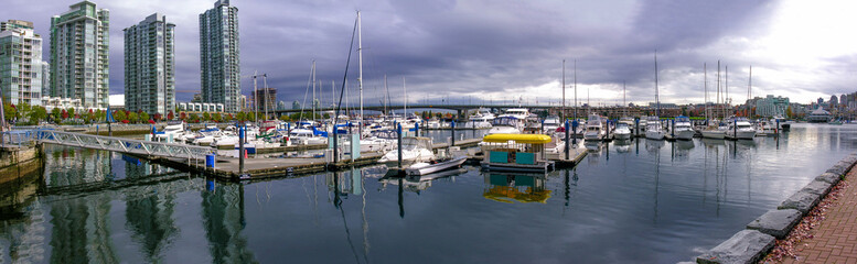 Panoramic view of a marina in Vancouver