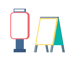 Empty billboard and ad, design of standing cleaner broadsheet, vertical view of advertising board. Info placard, template of publicity, display vector