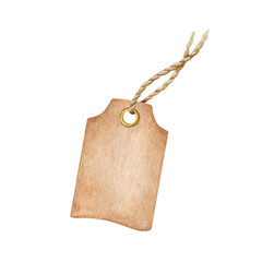 Watercolor vintage paper single label. Hand drawn retro tag or banner with a rope. Paper hang element. Packaging label isolated on white background.