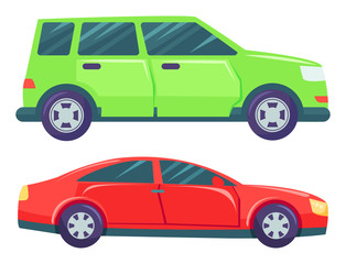 Two cars isolated on white background. Green large minivan or multi purpose vehicle. Red small hatchback or sedan. Auto to drive and get your destination quickly. Vector illustration in flat style