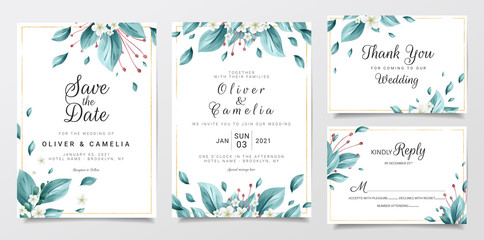 Elegant wedding invitation card template set with watercolor floral and glitter border. Leaves and flowers illustration for background, save the date, invitation, greeting card, poster