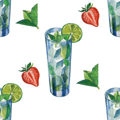 Watercolor seamless pattern with drinks party. Hand Drawn illustration