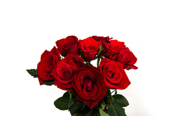 Bouquet of small Dutch red roses in a vase on a white background isolate
