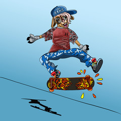 Vector illustration of a llama character in a sports style on a skateboard. Hipster llama rides on a colorful stylish sports board.