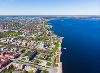 Obraz premium Beautiful aerial air summer vibrant view of Petrozavodsk, Russia, the administrative center of Republic of Karelia, with Onega Lake shot from drone