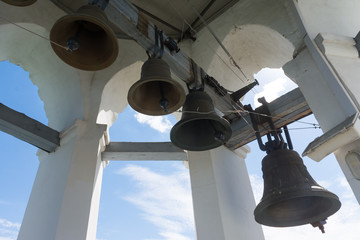 Bells on the bell tower located on the territory of the former Transfiguration monastery in Yaroslavl	