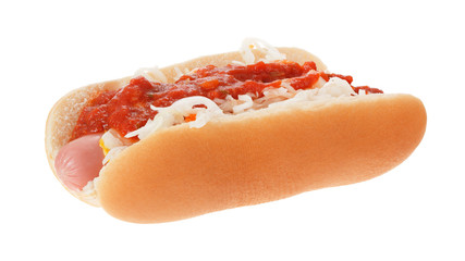 Hot dog with cabbage, mustard and tomato sauce isolated on white background.