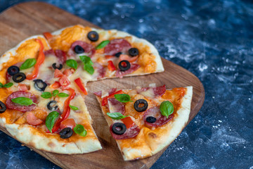 Delicious pizza with salami, sweet pepper, olives, mozzarella and basil. On a dark background. Copy space for text. Banner. 