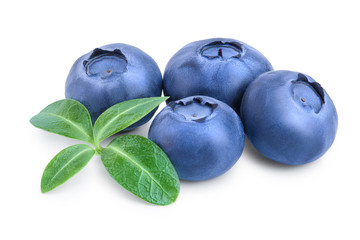 fresh blueberry with leaves isolated on white background closeup