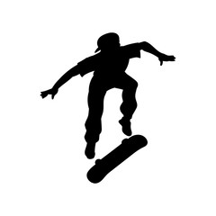 Fototapeta na wymiar Black skateboarder man doing extreme jump while flipping a skateboard