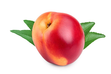 Nectarine fruit with leaf isolated on white background cutout