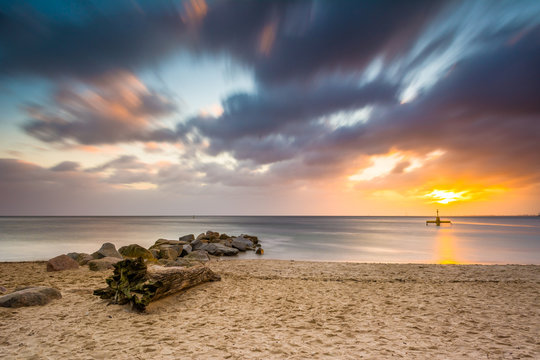 Baltic sea beach during sunrise in Gdynia. Baltic Sea. Poland
