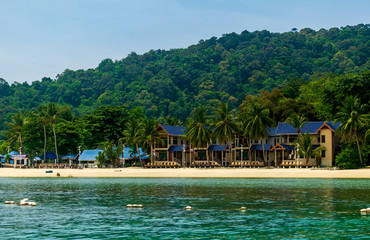 D'lagoon beach, Kecil, Perhentian Islands, Malaysia; 19-May-2019; a panoramic view of D'lagoon Beach, Kecil, Perhentian Islands