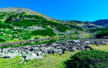 Fototapeta na wymiar High mountain lake. Alpine nature, summer landscape backdrop.