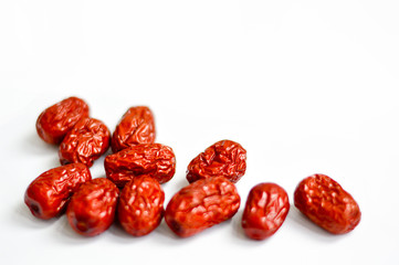 Chinese Red Jujube Isolated on White Background. Jujube is also called Chinese date and often used as traditional Chinese medicine. Copy Space at Top.