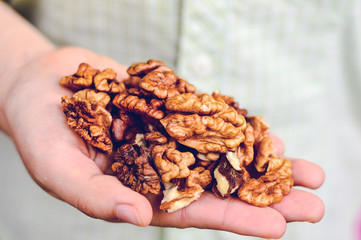 Closeup of a Female Hand Holding Walnuts. Healthy Eating Concept.