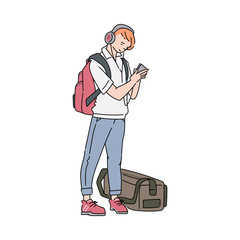 Traveler man with bags waits for transport, sketch vector illustration isolated.