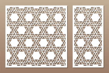 Set decorative card for cutting. Arabic geometric mosaic pattern. Laser cut. Ratio 1:1, 1:2. Vector illustration.