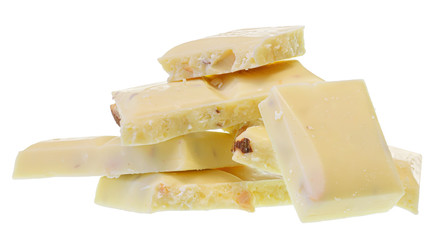 Broken white chocolate with whole almond nuts Isolated