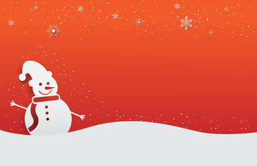 snowman and  white snowflake on red background.xmas,paper,copy space