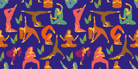 Yoga seamless pattern. Women do yoga position. Women silhouettes set. Vector