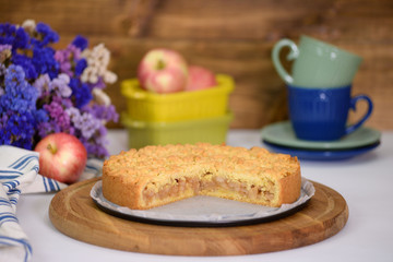 Apple pie or homemade cake with apples on table. Delicous dessert apple tart.