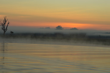 Morgenstimmung durch Nebel über See mit sanften Wellen