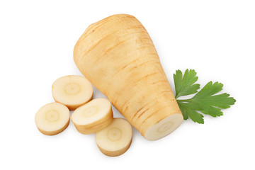 Parsnip root and slices with parsley isolated on white background closeup