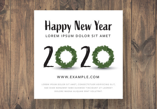 Happy New Year Card Layout with Christmas Wreaths