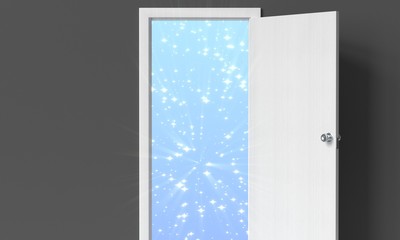 Door to dreams.  3d illustration. Rays of light through opened door. Way to success concept.