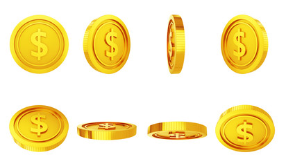 Set of gold coins in different positions isolated - 3D illustration