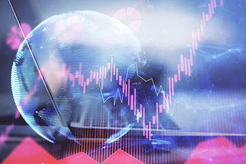 Multi exposure of business theme icons and table with computer background. Concept of success.