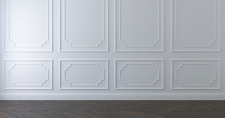 White wall with molding and wood parquet floor. 3d render
