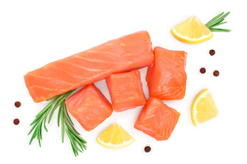 Slice of red fish salmon with rosemary and lemon isolated on white background. Top view. Flat lay