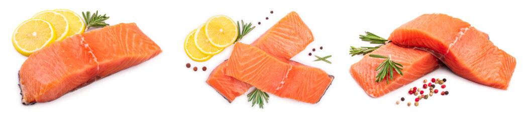 fillet of red fish salmon with lemon and rosemary isolated on white background. Top view. Flat lay. Set or collection