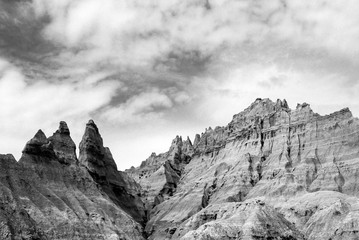 Top of the mountains in the Badlands National Park in Black and White