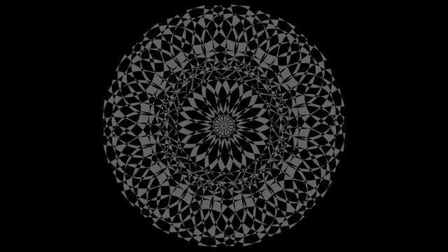 Graphic object in black and white with stroboscopic and hypnotic effect, which rotates clockwise decreasing the size from full screen to disappearing in the center, in 16: 9 video format