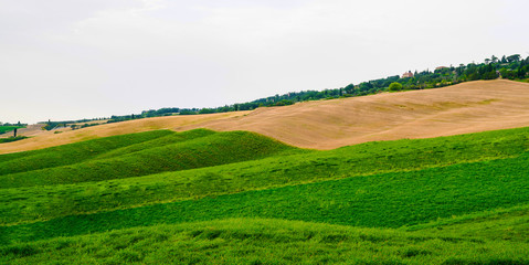 Obraz premium View of a autumn day in the Italian rural landscape. Unique tuscany landscape in fall time. Wave hills, cypresses trees and cloudy sky. Vintage tone filter effect.