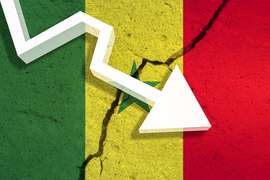 Senegal Flag on the cracked wall with arrow falling down. Concept of decrease in the country. 3D Illustration