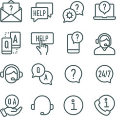 Help and Support icons set vector illustration. Contains such icon as Information, Call Center, Q and A, Operator, Contact and more. Expanded Stroke