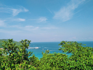  tropical island in the sea.top view of the boat and the sea.