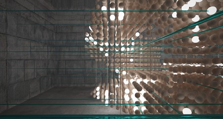 Abstract architectural wood and glass interior from an array of spheres with neon lighting. 3D illustration and rendering.